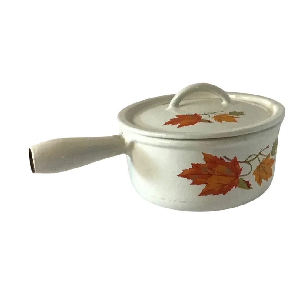 Vintage Descoware Belgium Enameled Cast Iron Sauce Pan Maple‎ Leaf 16 Lid Cream